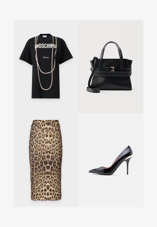 Schwarzes T-Shirt mit den Schriftzügen "MOSCHINO" und "Milano". Verziert mit einem pinkfarbenen Perlenprint, der wie hängende Halsketten gestaltet ist. Kurze Ärmel.; Bleistiftrock mit Leopardenmuster, der über ein figurbetontes Design, eine mittelhohe Taille und eine glatte Textur verfügt. Das Muster besteht aus unterschiedlichen braunen und schwarzen Flecken.; Schwarzer Stöckelschuh aus Lackleder mit spitzer Schuhspitze und einem goldenen Akzent an der Ferse. Glatte Textur und schlanke Silhouette.; Schwarze Moschino-Ledertasche mit zwei Griffen, verstellbarem Schulterriemen und dekorativem Gürteldetail mit goldener Schnalle vor einfarbigem Hintergrund.