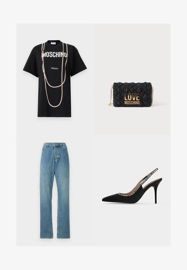 Zwart T-shirt met de tekst "MOSCHINO" en "Milano". Versierd met een print van roze parelkralen die lijken op hangende kettingen. Met korte mouwen.; Lichtblauwe denim jeans met een recht model, vijf zakken en een zichtbare tailleband. De textuur is iets versleten maar intact.; Zwarte slingback pump met spits toe, dunne naaldhak en "LOVE MOSCHINO" tekst op het bandje en de rand.; Zwarte doorgestikte crossbodytas met gouden kettingriem en groot gouden "LOVE MOSCHINO" logo aan de voorkant.