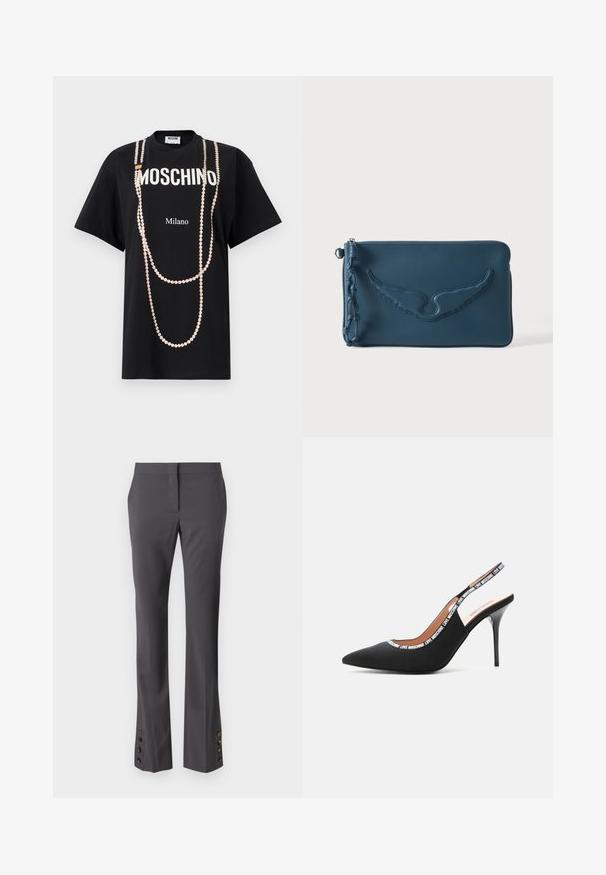 Sort T-shirt med teksten "MOSCHINO" og "Milano". Pyntet med et print af lyserøde perleagtige perler, der ligner hængende halskæder. Korte ærmer.; Grå skræddersyede bukser med lige pasform, knapdetaljer ved kanten og en glat tekstur. Med flad front og sidelommer.; Love Moschino LOGO TAPE - Højhælede pumps - black; Blåt læderclutch med lynlås, præget vingemønster og flettet lædersnøre på ens baggrund.