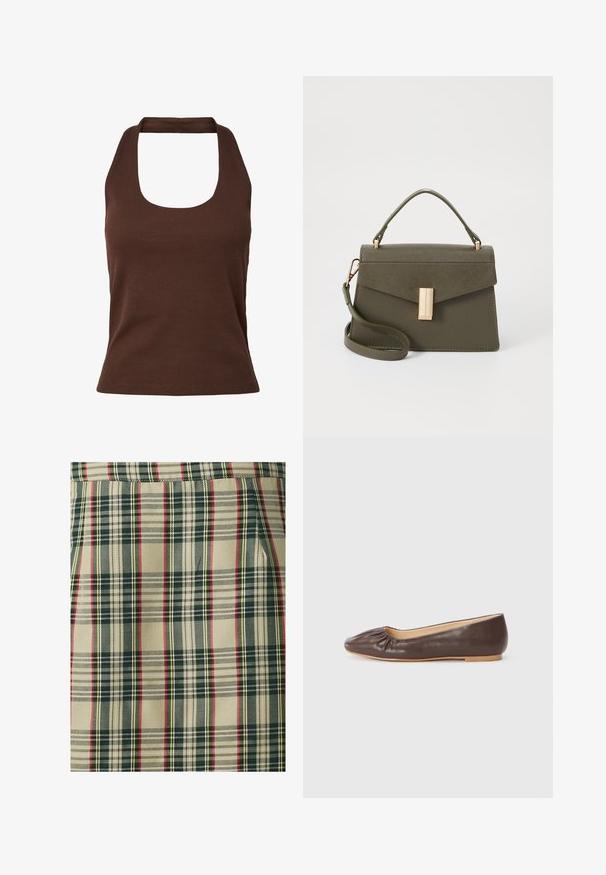 Top marrón sin mangas con canalé, cuello halter cuadrado y cintura ajustada.; Tela de cuadros con un fondo beige y líneas en verde oscuro, rojo y amarillo. Tejido texturizado con un diseño estructurado, que muestra patrones distintos.; Bailarina de cuero marrón con punta redondeada, detalles fruncidos en la parte delantera y una suela plana de color claro.; Pequeño bolso de mano verde oliva con un diseño estructurado, que cuenta con un asa superior, una correa de hombro desmontable y un cierre frontal en tono dorado.
