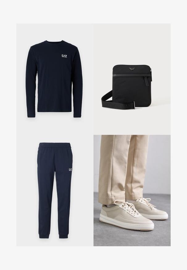 Marineblauw langemouw t-shirt van katoen, met een ronde hals en een klein wit EA7-logo op de linkerkant van de borst. Zachte textuur.; Marineblauwe sweatpants met een elastische tailleband en boorden. Voorzien van een klein wit logo op het linkerpant. Gemaakt van een zachte, rekbare stof.; Beige sneakers met een textuur bovenkant, witte zolen en gestikte accenten, gecombineerd met beige broeken, tentoongesteld op een grijze ondergrond.; Zwarte vierkante schoudertas met ritssluiting, voorvak en verstelbare band met geperste merknaam.