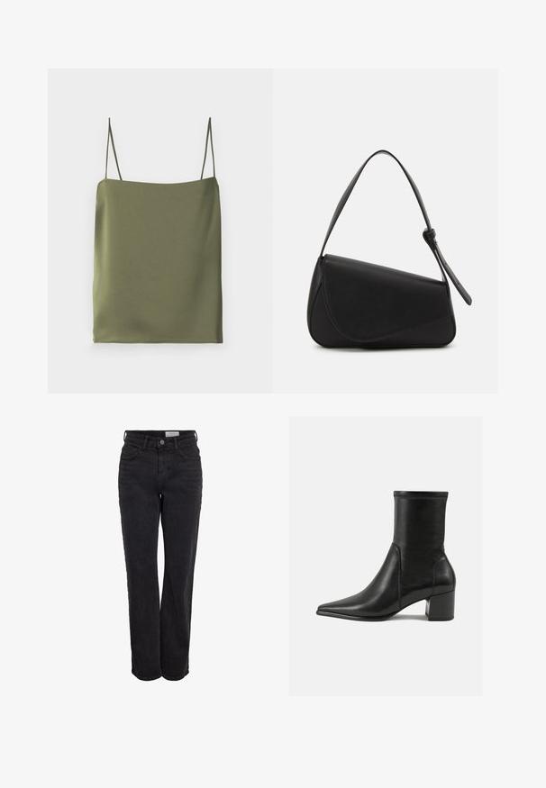 Oliven grøn top med stropper lavet af glat stof. Har tynde stropper og en lige udskæring med et enkelt, minimalistisk design.; Sorte højtaljede straight-leg jeans med frontknap og lommer, bæltestropper og subtilt slid på hvid baggrund.; Sorte ankelstøvler lavet af glat læder, med spids tå, en blokhæl og markant hævet syning ved den øverste kant.; Sort læderhåndtaske med en triangular form, skrå klap og et rundt håndtag. Har en glat overflade og minimalistiske design detaljer.