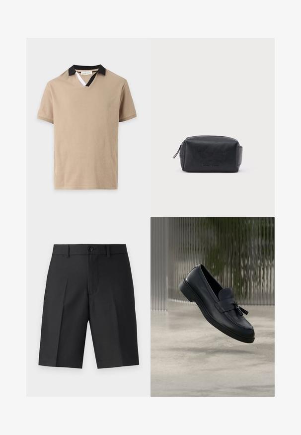 Polo beige de manga corta con cuello negro y una pequeña inserción blanca en la abertura en forma de V.; Bermudas negras a medida de tela ligera, con corte recto, pliegues simples y cierre frontal de botón.; Mocasines de cuero negro con textura suave, punta redondeada y borlas decorativas en el frente. Suela de goma flexible con tacón bajo.; Bolsa de aseo rectangular de cuero negro con cremallera y nombre de marca en relieve en la parte frontal, sobre un fondo blanco liso.