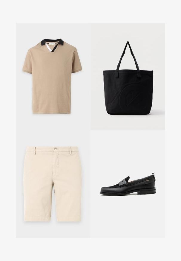 Polo beige à manches courtes avec un col noir et une petite insertion blanche sur l'ouverture en V.; Shorts en coton beige avec une taille plate, une fermeture éclair, un bouton et des poches latérales. Texture lisse et design longueur genou.; Mocassin en cuir noir avec détail de bride grise, talon bas et semelle texturée, marqué "HUGO" en or sur le côté.; Sac fourre-tout en toile noire avec deux bandoulières et un motif circulaire discret en relief sur le devant.