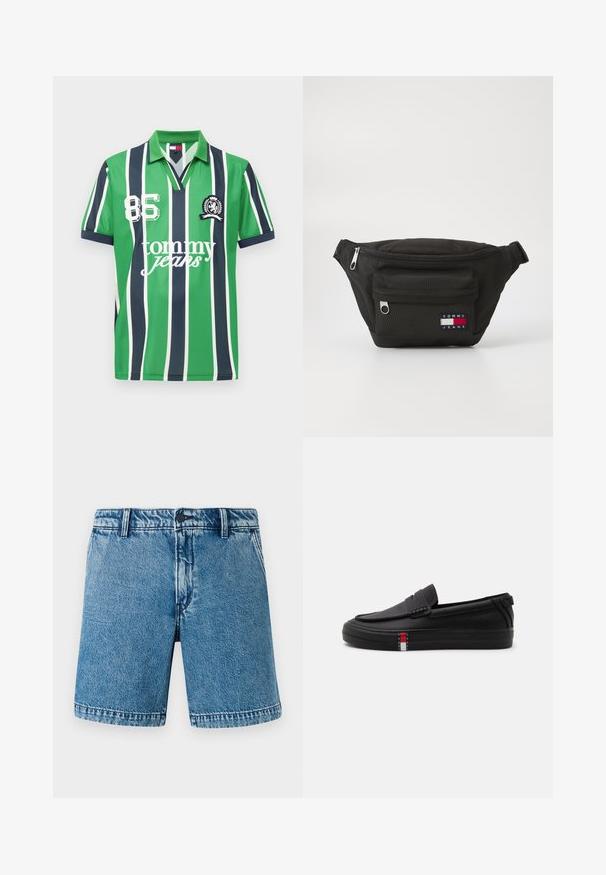 Camiseta polo verde con rayas verticales en blanco y azul marino, número "85", texto "tommy jeans" y un escudo bordado en azul marino en el pecho.; Shorts de mezclilla en azul claro con un corte relajado. Presentan un diseño estándar de cinco bolsillos, cierre de botón y bordes rematados con un ligero desgaste.; Mocasín negro sin cordones con parte superior texturizada, suela de goma y pequeña etiqueta rectangular con logo en el lateral de la suela.; Riñonera negra de nailon con un compartimento principal con cremallera, bolsillo frontal y un parche de logo tejido. Presenta una textura suave y una forma contorneada.