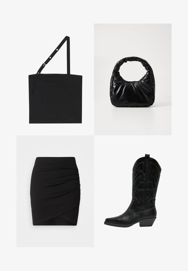 Débardeur noir à côtes avec une bretelle ajustable muni de matériel en métal. Design simple avec un décolleté droit et une texture lisse.; Mini-jupe noire en tissu extensible, présente un design froncé et une silhouette enroulée, avec une texture lisse et une taille ajustée.; Botte de cowboy en cuir noir avec un bout pointu, un talon empilé et des coutures décoratives sur la tige. Texture lisse avec une finition mate.; Sac à main noir rembourré avec une poignée arrondie, présentant une surface lisse et brillante ainsi qu'une texture douce et matelassée. Pas de quincaillerie ou d'accents visibles.