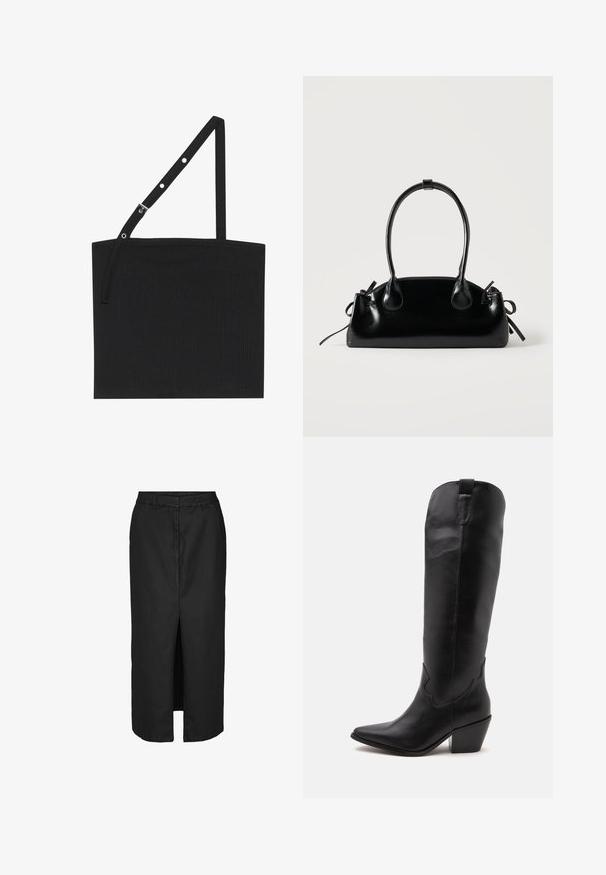 Débardeur noir à côtes avec une bretelle ajustable muni de matériel en métal. Design simple avec un décolleté droit et une texture lisse.; Jupe midi noire avec une fente devant, réalisée en tissu léger. Elle présente une taille classique et de discrètes poches latérales.; Botte de cowboy haute en cuir noir avec un bout pointu, un talon bas et des coutures minimales, présentée de côté sur fond blanc.; Petit sac à main noir brillant avec deux longues anses et des détails à cordon sur les côtés sur un fond clair uni.