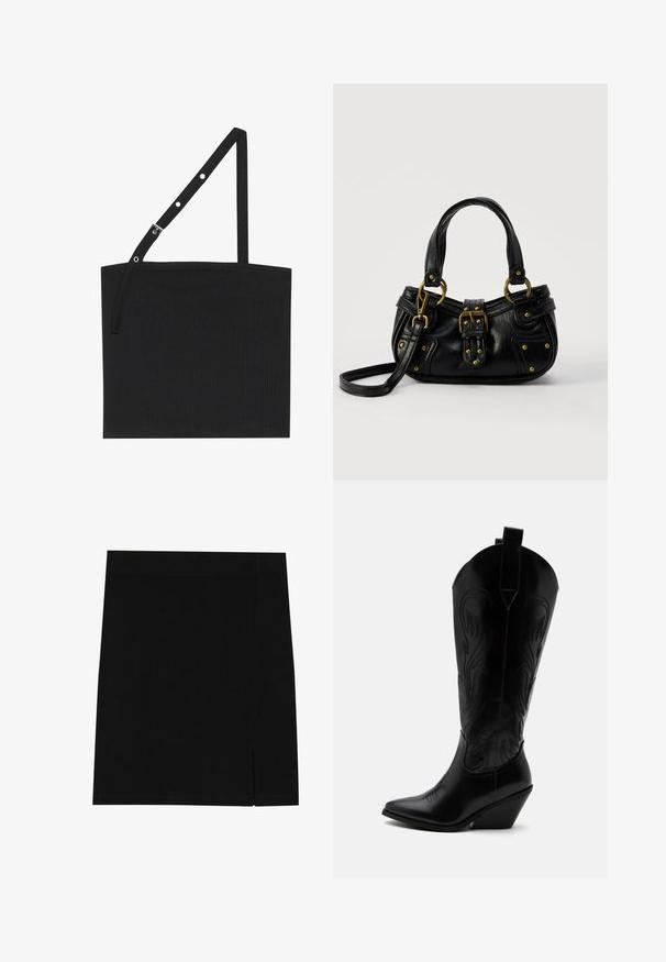 Débardeur noir à côtes avec une bretelle ajustable muni de matériel en métal. Design simple avec un décolleté droit et une texture lisse.; Mini-jupe noire en tissu doux avec une coupe ajustée, présentant une légère fente sur le côté pour plus de style.; Botte de cowboy en cuir noir avec bout pointu, talon bloc incliné, couture décorative et languettes en haut sur fond blanc.; Sac à main en cuir noir avec boucle dorée et détails à rivets, poignées courtes et bandoulière réglable sur fond blanc uni.