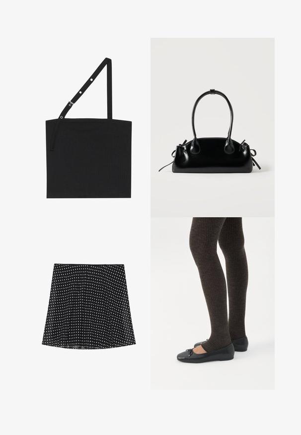 Débardeur noir à côtes avec une bretelle ajustable muni de matériel en métal. Design simple avec un décolleté droit et une texture lisse.; Jupe noire à pois blancs, avec des plis et une texture lisse. Elle a un ourlet arrondi et un design de ceinture simple.; Jambes portant des leggings côtelés foncés associés à des ballerines noires avec de petits détails en nœud sur fond blanc.; Petit sac à main noir brillant avec deux longues anses et des détails à cordon sur les côtés sur un fond clair uni.