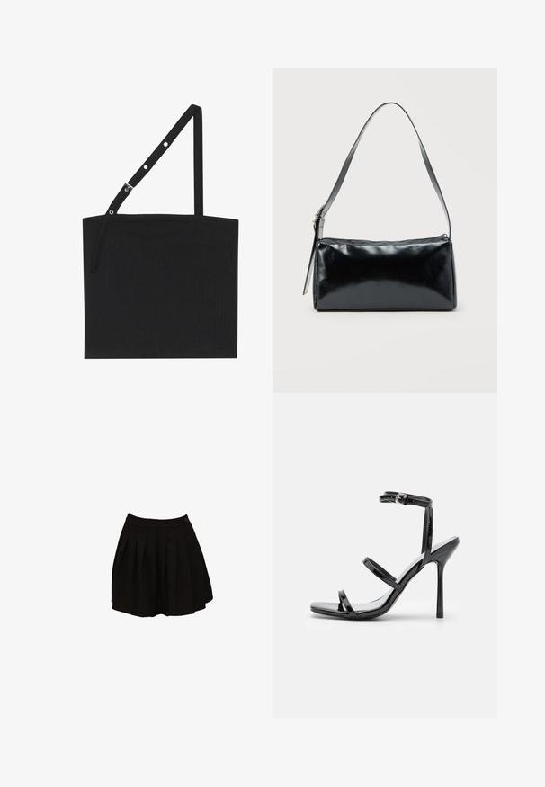Débardeur noir à côtes avec une bretelle ajustable muni de matériel en métal. Design simple avec un décolleté droit et une texture lisse.; Jupe plissée noire avec une ceinture ajustée et un détail de bouton unique. Le tissu semble lisse et léger, conçu pour une silhouette évasée.; Sandales à talons hauts en cuir verni noir avec trois sangles horizontales et une sangle de cheville ajustable. Silhouette élégante et finition brillante.; Sac d'épaule rectangulaire noir avec une sangle réglable unique et une fermeture éclair supérieure sur un fond uni.