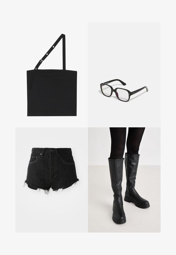 Sort ribbet tanktop med en justerbar strop, der har metalhardware. Enkelt design med en lige halsudskæring og glat tekstur.; Sorte denim shorts med en frynset kant, klassisk fem-lomme design og metalknap lukning. Mor med høj talje og slidt tekstur.; Even&Odd Plateaustøvler - black; Sorte rektangulære briller med klare linser, der har afrundede kanter og sideaccenter, med en blank finish på stellet og arme.