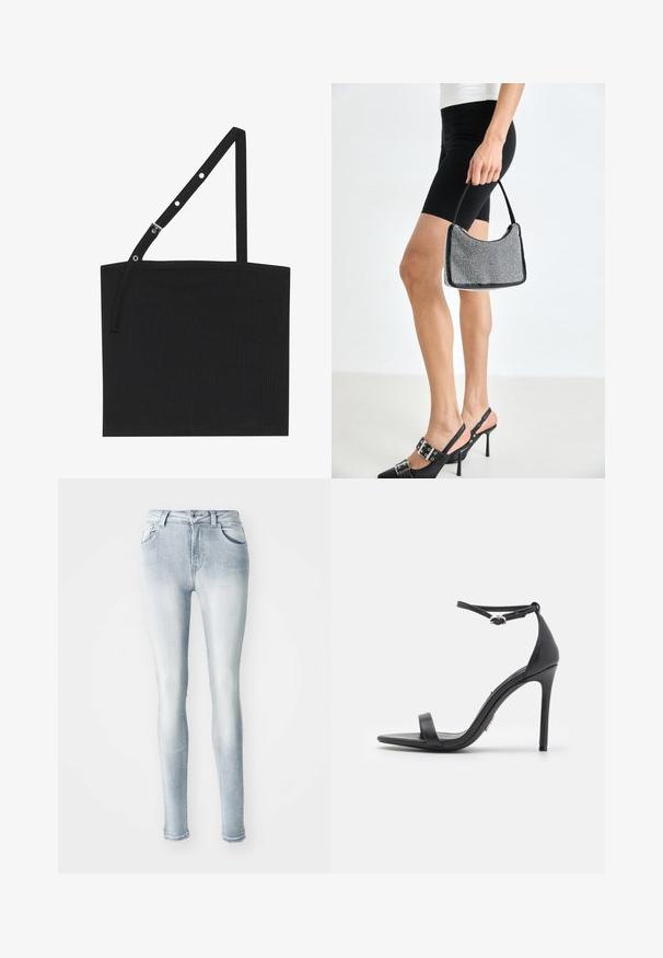 Sort ribbet tanktop med en justerbar strop, der har metalhardware. Enkelt design med en lige halsudskæring og glat tekstur.; Lysblå skinny jeans lavet af denim, med høj talje, fem lommer og let fading langs lårene. Slidt kantdetalje.; Sorte højhælede sandaler med åben tå, tynde stropper og spænde om anklen. Glat lædertekstur med spidse tådesign.; Sort perlehandtaske med en buet silhuet, bærehåndtag og blank overflade. Båret med højhælede sorte sko og tætsiddende sorte shorts.