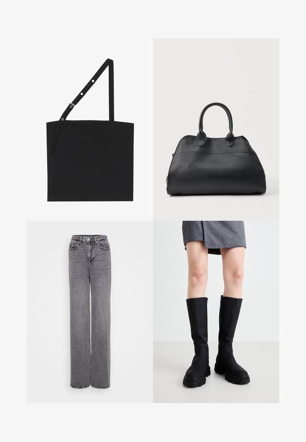Sort ribbet tanktop med en justerbar strop, der har metalhardware. Enkelt design med en lige halsudskæring og glat tekstur.; Grå højtaljede jeans med lige ben, knap- og lynlåslukning, fem lommer og en tekstureret denimfinish.; Sorte knæhøje støvler med en glat overflade, kraftige såler og en diskret lynlås på siden. Stilfuldt parret med en grå herringbone nederdel.; Sort håndtaske i struktureret læder med to runde håndtag, struktureret form og glat finish, vist mod en almindelig lys baggrund.