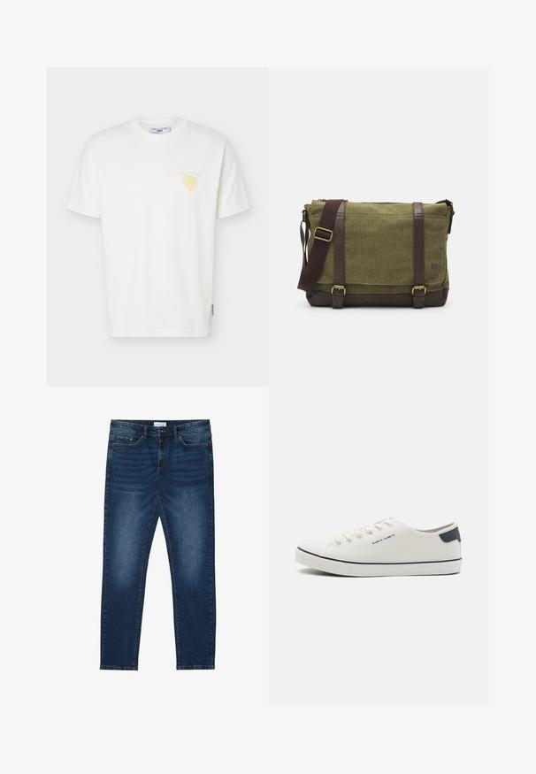 Hvid T-shirt med korte ærmer og rund hals, med lille gul frugt-grafik og teksten "Marc O’Polo Denim" på venstre bryst.; Mørkeblå slim-fit jeans med falmede detaljer, klassisk fem-lomme design, knappelukning og bæltestropper.; Canvas sneakers i off-white med navy accenter, med rund tå, snørrestruktur og struktureret gummisål. Enkel og ren æstetik.; Grøn stof messenger taske med brune læderdetaljer, en frontklap, justerbar skulderrem og lynlåslukning på toppen. Har guld hardware.