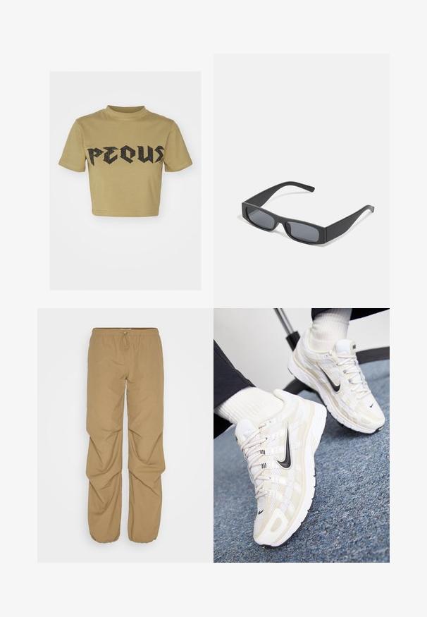 Khaki Baumwoll-Crop-T-Shirt mit einem schwarzen Grafikdruck des Wortes "PECUS" in einer fetten, abgenutzten Schriftart. Kurze Ärmel und ein rundes Ausschnitt.; JDY JDYZOLA PARACHUTE PANT - Stoffhose - lead gray; Weiße und beige Nike-Sneaker mit einem Obermaterial aus Mesh, strukturiertem Overlay, schwarzem Swoosh und einer gepolsterten Sohle mit rutschfester Außensohle.; Schwarze rechteckige Sonnenbrillen mit dunklen Gläsern und dicken matten Rahmen. Die Bügel sind leicht verjüngt und haben eine glatte Oberfläche.