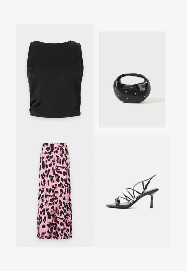 Zwarte mouwloze top met een gladde, glanzende textuur; heeft een ronde halslijn en geplooide zijkantdetails voor een getailleerde silhouette.; Roze rok met een dierenprint in zwart, goud en wit. Gladde stof met een vloeiend ontwerp. Halflange snit.; Zwarte high-heel sandaal met dunne gebogen bandjes, zilveren accenten en een verstelbare enkelgesp op een witte achtergrond.; Zwarte leren handtas met een afgeronde vorm, versierd met zilveren studs, en een korte handgreep. Gladde textuur en ritsluiting.
