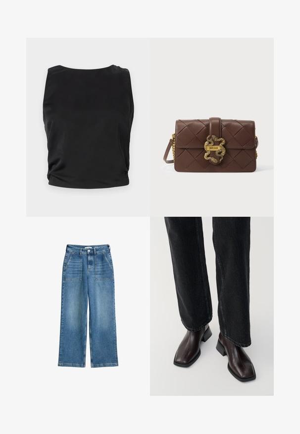 Zwarte mouwloze top met een gladde, glanzende textuur; heeft een ronde halslijn en geplooide zijkantdetails voor een getailleerde silhouette.; Hoge taille wijde spijkerbroek in blauw denim, met voorzakken, riemlussen en een sluiting met knoop en rits aan de voorkant.; Bruine leren enkellaarsjes met een vierkante neus en blokhak, gecombineerd met zwarte wijde jeans. Glad textuur en minimalistisch ontwerp.; Bruine geweven leren schoudertas met gouden slangvormige sluiting en kettingband, met het merk Just Cavalli op de sluitingsplaat.