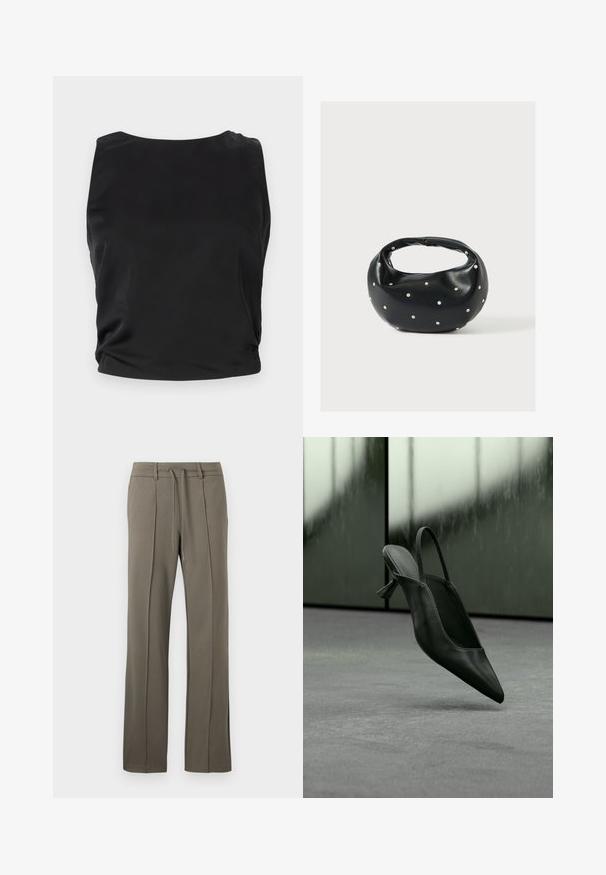Débardeur noir sans manches avec une texture lisse et brillante ; il présente un col rond et des détails froncés sur les côtés pour une silhouette ajustée.; Pantalons kaki avec une coupe droite, taille à cordon de serrage et deux plis sur le devant. Fabriqués dans un tissu doux et texturé.; Escarpin à talon haut en cuir noir avec bride arrière et bout pointu, flottant au-dessus d'un sol recouvert de moquette grise, mur verdâtre flou en arrière-plan.; Sac à main en cuir noir de forme arrondie, décoré de clous argentés et équipé d'une poignée courte. Texture lisse et fermeture éclair.