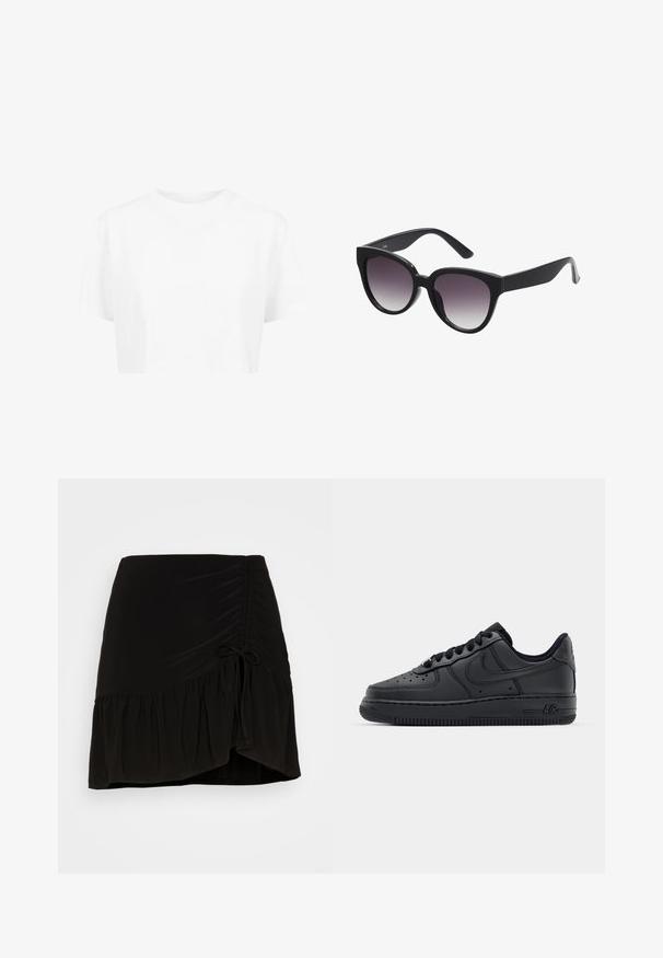 Hvid cropped t-shirt, korte ærmer, rund halsudskæring, lavet af blødt stof, uden synlige mønstre eller distinkt hardware.; Even&Odd Mini skirts - black; Sorte lædersneakers med perforeret tåboks, flade snørebånd og gummisål. Har et lille logo på siden og tekstureret detaljering.; Sorte katteøjede solbriller med gradient grå linser. Tykk, blank plastikramme og aftagende stænger. Ingen synlig branding eller udsmykninger.