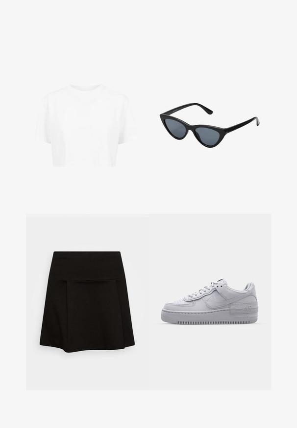 T-shirt branca cropped, com mangas curtas, decote redondo, feita de tecido suave, sem padrões visíveis ou detalhes distintos.; Hollister Co. MINI SKIRT - Minissaia - black; Sapatilha Nike Air Force 1 cinza com bico perfurado, parte superior em couro liso, sola espessa e detalhe em relevo "AIR" no calcanhar.; Óculos de sol pretos em estilo cat-eye com lentes cinza escuro, armação plástica elegante, cantos pontiagudos e hastes retas. Sem hardware ou acentos visíveis.