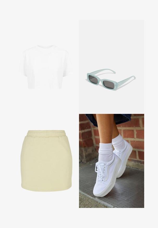 T-shirt blanche raccourcie, à manches courtes, col rond, en tissu lisse, sans motifs visibles ni quincaillerie distincte.; Jupe jaune clair en tissu doux, dotée d'une taille élastique et d'une coupe droite. Texture lisse sans motifs ni accents visibles.; Baskets en toile blanches avec semelles en caoutchouc, dotées de six œillets, d'un bout rond et de détails de couture légers, portées avec des chaussettes blanches mi-mollet.; Une paire de lunettes de soleil rectangulaires avec des montures translucides bleu clair et des verres gris foncé, présentant des branches droites et des détails matériels minimaux.