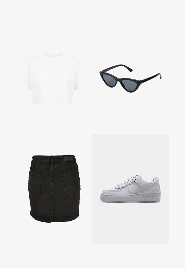Camiseta blanca corta, de mangas cortas, con cuello redondo, hecha de una tela suave, sin patrones visibles ni herrajes distintivos.; Minifalda vaquera negra con dos bolsillos traseros, presillas para cinturón y detalles de costuras.; Zapatilla Nike Air Force 1 gris con puntera perforada, parte superior de cuero suave, suela gruesa y detalle en relieve 'AIR' en el talón.; Gafas de sol negras en forma de ojo de gato con lentes gris oscuro, marco de plástico elegante, esquinas puntiagudas y patillas rectas. Sin herrajes ni acentos visibles.
