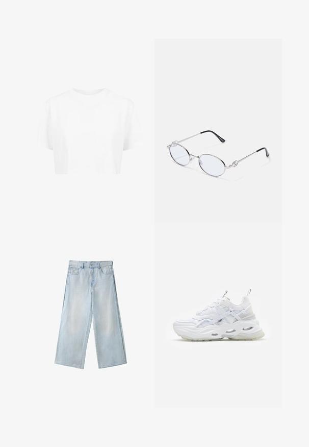 Hvid cropped t-shirt, korte ærmer, rund halsudskæring, lavet af blødt stof, uden synlige mønstre eller distinkt hardware.; Lyseblå løstsiddende denimjeans med forlommer, bæltestropper og knaplukning vist fladt på en hvid baggrund.; Hvide sneakers med en kraftig sål, lagdelt mesh og syntetisk overdel, med mønstrede detaljer, snøresystem og hæl-dragtag.; Sølvmetal ovale briller med klare linser, prydet med dekorative sideaccenter og sorte spidser på stængerne for bedre greb og komfort.