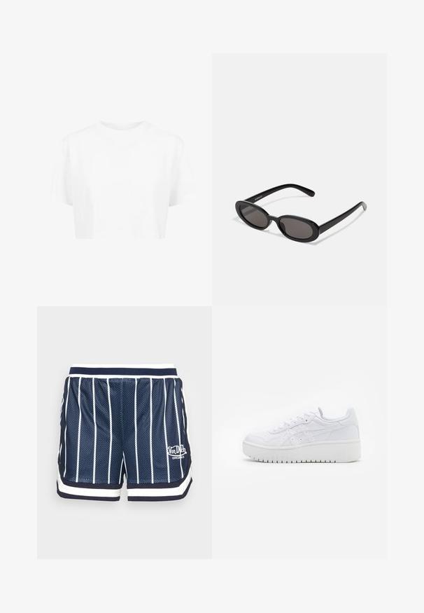 Witte cropped t-shirt, korte mouwen, ronde halslijn, gemaakt van gladde stof, zonder zichtbare patronen of opvallende hardware.; Marine net shorts met verticale witte strepen, elastische tailleband en witte afwerking. Kenmerkt een logo in het wit op het linkerpijp.; Witte platform sneakers met een gladde leertextuur, geperforeerde details en platte veters; voorzien van een dikke witte rubberen zool.; Even&Odd Zonnebril - black