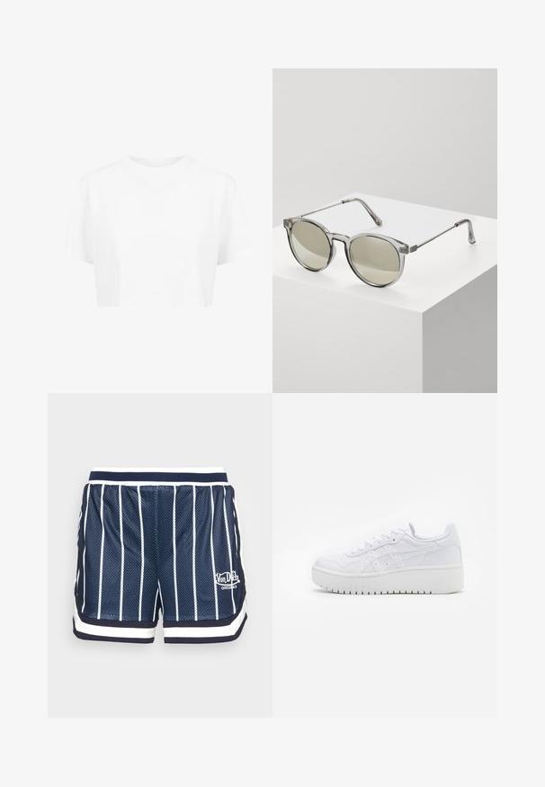 Weißes, kurzes T-Shirt mit kurzen Ärmeln und rundem Halsausschnitt, aus glattem Stoff, ohne sichtbare Muster oder auffällige Hardware.; Marineblaues Netzshorts mit vertikalen weißen Streifen, elastischem Bund und weißen Besätzen. Mit einem weißen Logo auf dem linken Bein.; Weiße Plattform-Sneaker aus glattem Leder mit perforierten Details und flachen Schnürsenkeln; ausgestattet mit einer dicken weißen Gummisohle.; Runde Sonnenbrillen mit transparenten grauen Fassungen und grau getönten Gläsern. Metallakzente an den Bügeln und gebogene Arme für Stabilität.