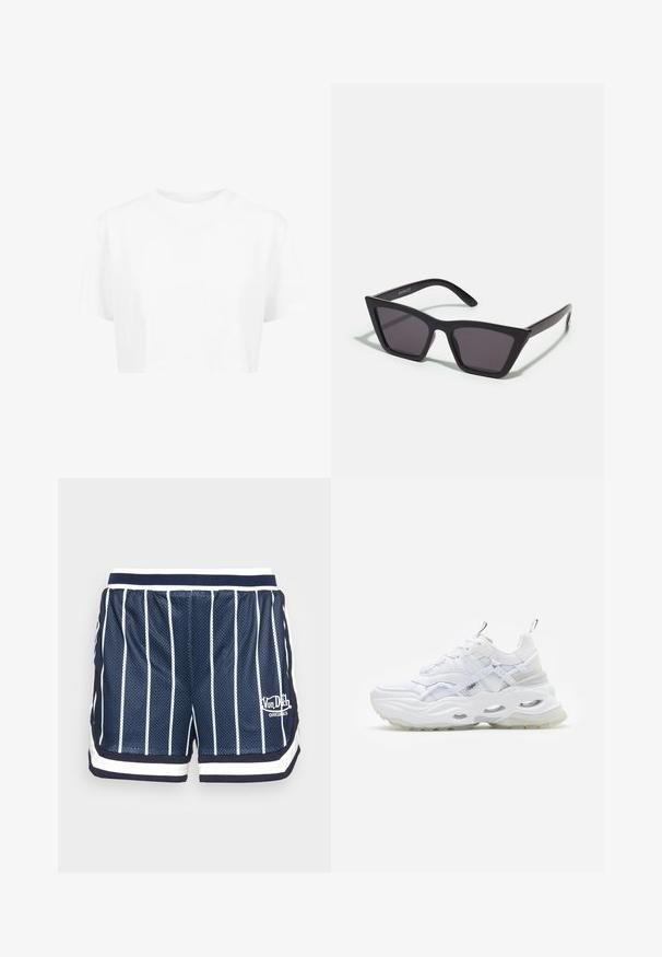 Hvid cropped t-shirt, korte ærmer, rund halsudskæring, lavet af blødt stof, uden synlige mønstre eller distinkt hardware.; Marineblå mesh shorts med vertikale hvide striber, elastisk talje og hvidt kantbånd. Har et logo i hvidt på venstre ben.; Hvide sneakers med en kraftig sål, lagdelt mesh og syntetisk overdel, med mønstrede detaljer, snøresystem og hæl-dragtag.; Sorte, kantede solbriller med grå linser; lavet af plast, med tykke stænger med en glat overflade og ingen synlig hardware.