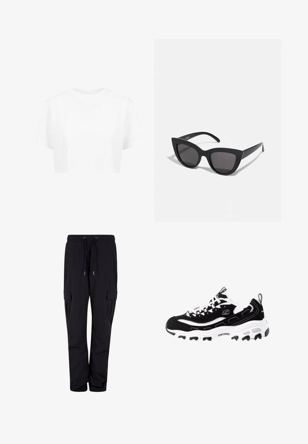 Hvid cropped t-shirt, korte ærmer, rund halsudskæring, lavet af blødt stof, uden synlige mønstre eller distinkt hardware.; Sorte cargo bukser lavet af blødt stof, med en elastisk talje og snore, samt sidelommer. Lige ben-design.; Sort og hvid atletisk sko med overdel i ruskind, polstret krave og let sål. Har fremtrædende logo og kontrasterende syninger.; Sorte cat-eye solbriller med mat finish, der har grå tonede linser, skarpe vinkler og slanke sidearme. Mærkenavnet er synligt på den indre arm.