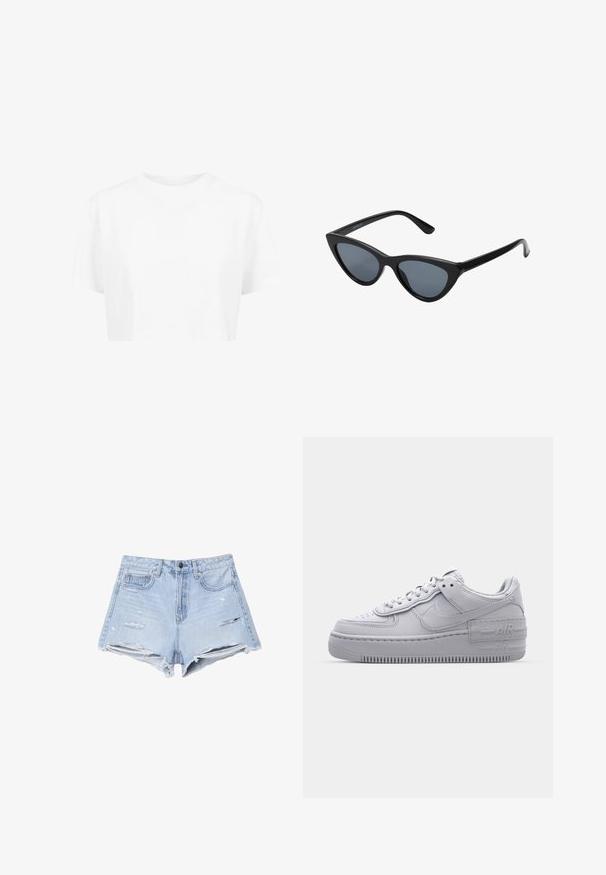 Hvid cropped t-shirt, korte ærmer, rund halsudskæring, lavet af blødt stof, uden synlige mønstre eller distinkt hardware.; Lyseblå denimshorts med høj talje, slitage-detaljer, frynset kant og fem lomme-design.; Grå Nike Air Force 1 sneakers med perforeret tå, glat læderoverdel, tyk sål og præget 'AIR' detalje på hælen.; Sorte katteøje solbriller med mørkegrå linser, slankt plastisk stel, spidse hjørner og lige stænger. Ingen synlig hardware eller dekorationer.