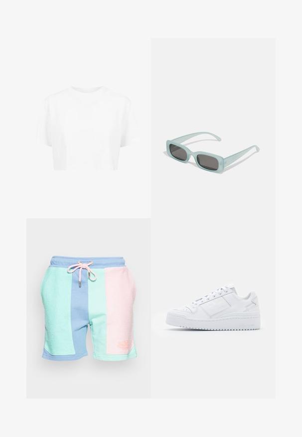 Hvid cropped t-shirt, korte ærmer, rund halsudskæring, lavet af blødt stof, uden synlige mønstre eller distinkt hardware.; Farverige sportsst shorts med strukturerede paneler i mintgrøn, pastelpink og blå. Elastisk talje med snøre og logo-detail.; Hvide lædersneakers med en glat overflade, rund tå, lavsnit, snørebånd og en platformsolet, der har diskret branding på siden.; Et par rektangulære solbriller med lyseblå gennemsigtige stel og mørkegrå linser, der har lige templer og minimale hardware detaljer.