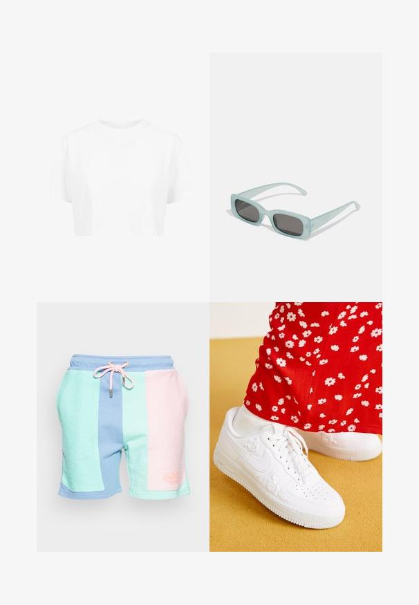 Witte cropped t-shirt, korte mouwen, ronde halslijn, gemaakt van gladde stof, zonder zichtbare patronen of opvallende hardware.; Kleurige sportshorts met textuur in mintgroen, pastelroze en blauwe panelen. Elastische tailleband met trekkoord, logodetail.; Witte leren sneakers met bloemige reliëfaccenten, ronde neus en een gestructureerde rubberen zool. In combinatie met rode broek met witte bloemenprint.; Een paar rechthoekige zonnebrillen met lichtblauwe doorzichtige monturen en donkergrijze glazen, met rechte pootjes en minimale hardwaredetails.