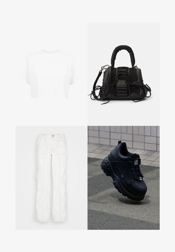 T-shirt blanche raccourcie, à manches courtes, col rond, en tissu lisse, sans motifs visibles ni quincaillerie distincte.; BDG Urban Outfitters Jean boyfriend - white; Baskets noires épaisses avec une finition en cuir lisse, des lacets à l'avant, une semelle rembourrée et un logo en relief sur le côté. Semelle extérieure texturée visible.; Sac à main noir avec un extérieur en maille, une poignée tissée et un laçage décoratif. Comprend une bandoulière amovible et des accents en matériel contrastants.