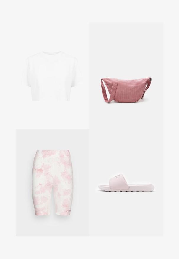 Weißes, kurzes T-Shirt mit kurzen Ärmeln und rundem Halsausschnitt, aus glattem Stoff, ohne sichtbare Muster oder auffällige Hardware.; FUBU CORPORATE TIEDYE CYCLING - Shorts - pink; Rosa Rutschelsandale mit einer flexiblen Gummisohle, gepolstertem Riemen und minimalistischer Gestaltung. Mit einem Logo auf dem Riemen und glatter Textur.; Pieces PCAMANDA BUMBAG - Umhängetasche - ash rose