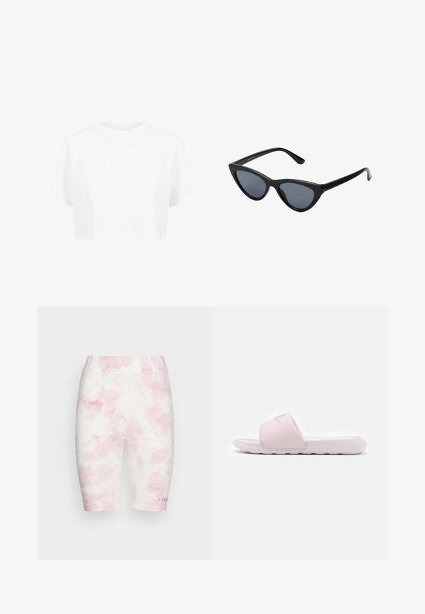 T-shirt blanche raccourcie, à manches courtes, col rond, en tissu lisse, sans motifs visibles ni quincaillerie distincte.; FUBU CORPORATE TIEDYE CYCLING - Short - pink; Sandale en slide rose avec une semelle en caoutchouc flexible, une lanière rembourrée et un design minimaliste. Présente un logo sur la lanière et une texture lisse.; Lunettes de soleil noires en forme d'œil de chat avec des verres gris foncé, monture en plastique élégante, coins pointus et branches droites. Pas de métal visible ni d'accents.