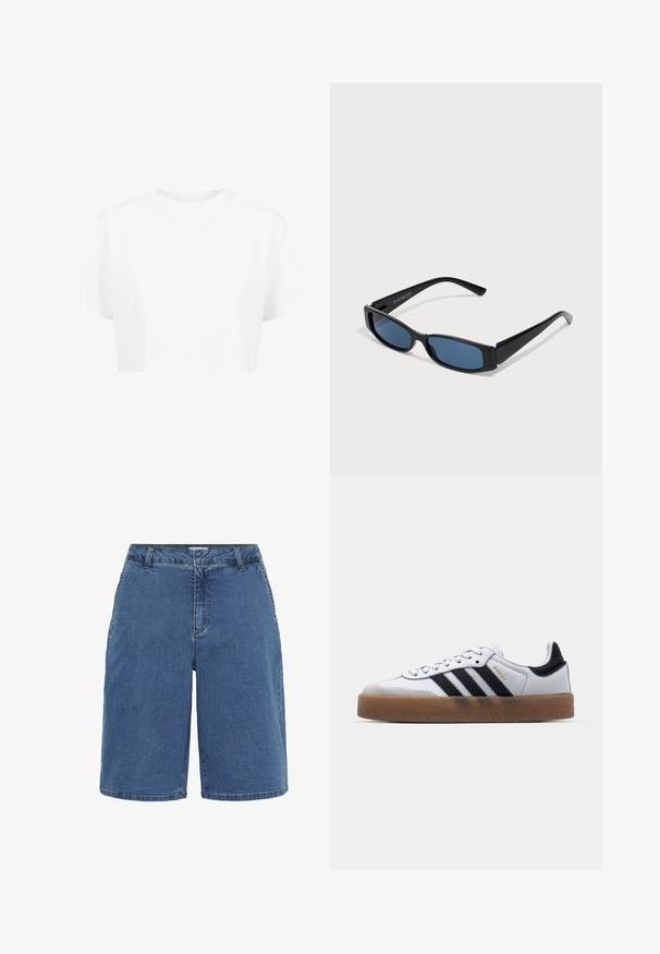 Camiseta blanca corta, de mangas cortas, con cuello redondo, hecha de una tela suave, sin patrones visibles ni herrajes distintivos.; Shorts de denim con un lavado azul, con un corte clásico, cinco bolsillos y costuras en contraste en las costuras. Cintura de altura media y pierna recta.; Zapatillas de cuero blancas con rayas negras, suela de goma, puntera redonda, cierre de cordones y caperuza de ante gris suave.; Gafas de sol negras con una elegante montura rectangular y lentes azules. Presentan una textura suave y varillas resistentes. Logo de la marca en el costado.