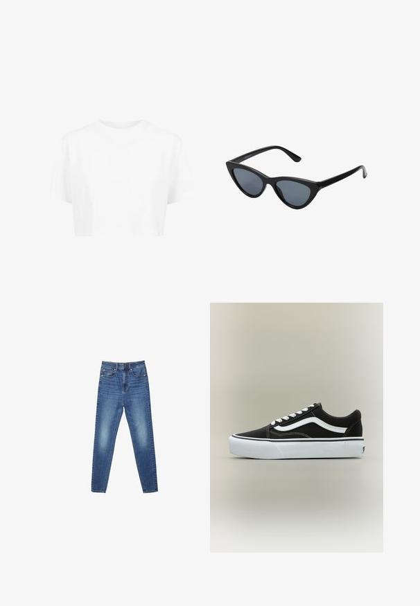 Weißes, kurzes T-Shirt mit kurzen Ärmeln und rundem Halsausschnitt, aus glattem Stoff, ohne sichtbare Muster oder auffällige Hardware.; Blaue, hoch taillierte, schmal geschnittene Jeans aus Denim mit Taschen vorne und hinten, Knopfverschluss sowie dezenten Verwaschungen an Oberschenkeln und Knien.; Niedriger schwarzer Sneaker mit weißem Seitenstreifen, weißen Schnürsenkeln, weißer Gummisohle und strukturierter Zehenkappe auf neutralem Hintergrund.; Schwarze Cat-Eye-Sonnenbrille mit dunkelgrauen Gläsern, schlankem Kunststoffrahmen, spitzen Ecken und geraden Bügeln. Keine sichtbaren Befestigungen oder Akzente.