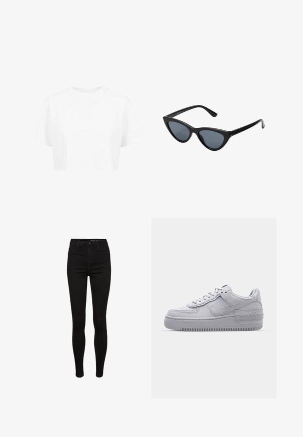 Hvid cropped t-shirt, korte ærmer, rund halsudskæring, lavet af blødt stof, uden synlige mønstre eller distinkt hardware.; Sorte skinny jeans i denim med høj talje, fem lommer, bæltestropper og subtile syninger. Glat tekstur, tætsiddende pasform.; Grå Nike Air Force 1 sneakers med perforeret tå, glat læderoverdel, tyk sål og præget 'AIR' detalje på hælen.; Sorte katteøje solbriller med mørkegrå linser, slankt plastisk stel, spidse hjørner og lige stænger. Ingen synlig hardware eller dekorationer.