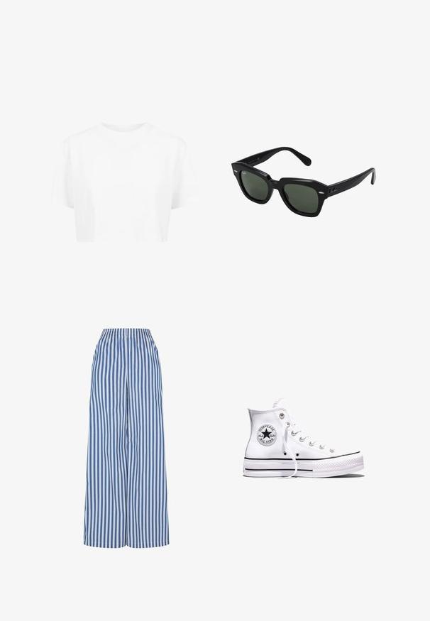 Witte cropped t-shirt, korte mouwen, ronde halslijn, gemaakt van gladde stof, zonder zichtbare patronen of opvallende hardware.; Wijdlopende broek in blauw-witte verticale strepen, met een elastische tailleband en een lichte stof voor comfort en ademend vermogen.; Witte Converse Chuck Taylor All Star sneaker met hoge schacht, zwarte strepen en logo-patch aan de zijkant, weergegeven tegen een effen witte achtergrond.; Zwarte vierkante zonnebril met donker groene lenzen, uitgerust met gedurfde monturen en zilveren accenten aan de zijkanten. Gemaakt in Italië.