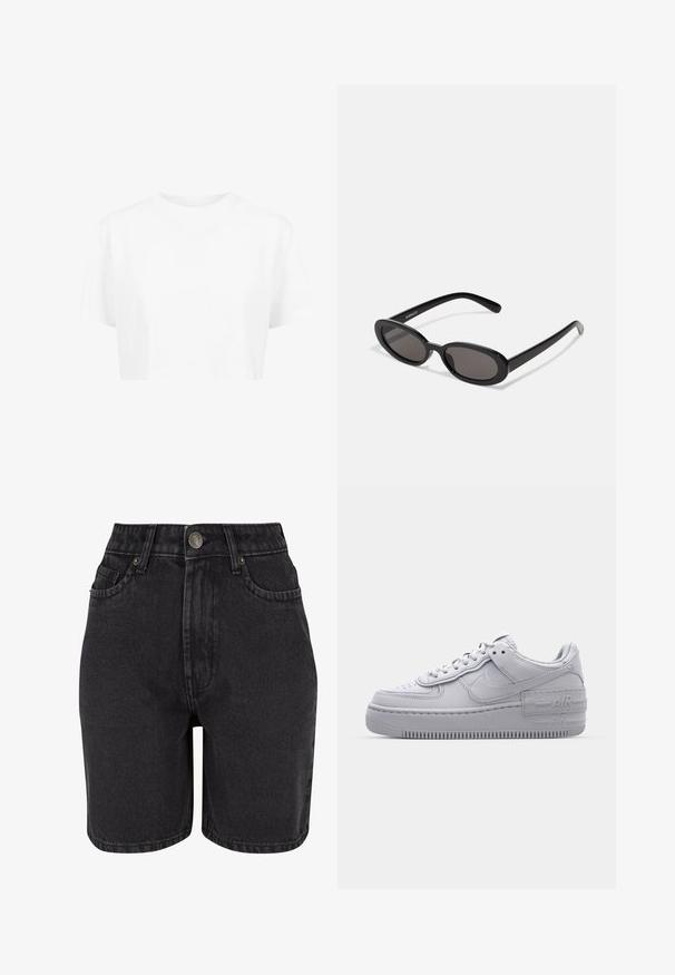 T-shirt blanche raccourcie, à manches courtes, col rond, en tissu lisse, sans motifs visibles ni quincaillerie distincte.; Shorts en denim noir à taille haute, avec un design à cinq poches et un système de fermeture à bouton en métal. Le tissu a une texture lisse avec un léger dégradé.; Basket en cuir lisse gris Nike Air Force 1 avec un bout perforé, une semelle épaisse et un détail 'AIR' en relief sur le talon.; Even&Odd by Zalando Lunettes de soleil - black