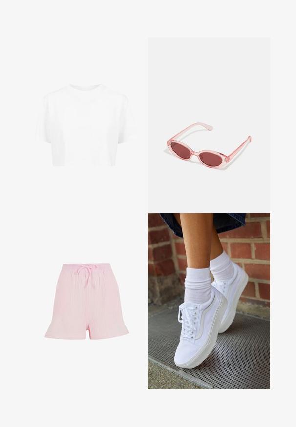 T-shirt blanche raccourcie, à manches courtes, col rond, en tissu lisse, sans motifs visibles ni quincaillerie distincte.; Shorts rose clair en tissu texturé, dotés d'une taille élastique avec un lien à nouer et d'une silhouette décontractée et évasée.; Baskets en toile blanches avec semelles en caoutchouc, dotées de six œillets, d'un bout rond et de détails de couture légers, portées avec des chaussettes blanches mi-mollet.; Lunettes de soleil transparentes roses avec des verres ovales, teintés d'un rouge foncé, et des branches fines, présentant une finition lisse et des détails subtils sur la monture.