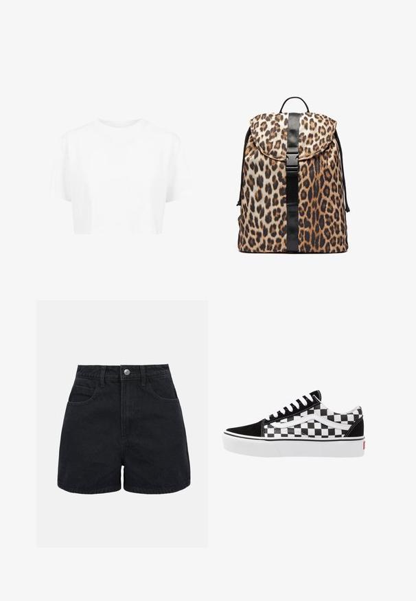 Hvid cropped t-shirt, korte ærmer, rund halsudskæring, lavet af blødt stof, uden synlige mønstre eller distinkt hardware.; Sorte denimshorts med høj talje, frontknap, bæltestropper og to forlommer på en ensfarvet hvid baggrund.; Sorte og hvide ternede lærredsnickers med sorte ruskindsdetaljer, hvide snørebånd og gummisål. Logoet på siden har et kontrastdesign.; Leopardmønstret rygsæk med klaplukning, sorte detaljer, justerbar snor og en central spænde. Fremstillet af glat, struktureret stof.