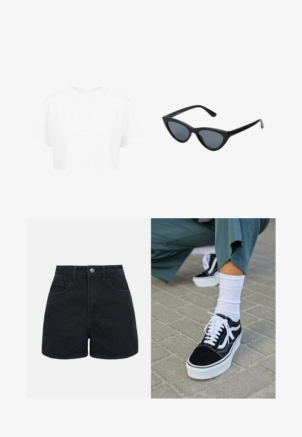 Weißes, kurzes T-Shirt mit kurzen Ärmeln und rundem Halsausschnitt, aus glattem Stoff, ohne sichtbare Muster oder auffällige Hardware.; Schwarze High-Waist-Jeansshorts mit vorderer Knopfleiste, Gürtelschlaufen und zwei Vordertaschen auf weißem Hintergrund.; Schwarze Wildledersneaker mit weißen Akzenten und Schnürsenkeln, ausgestattet mit einer dicken weißen Sohle und kontrastierenden Nähten, kombiniert mit einer weißen Socke.; Schwarze Cat-Eye-Sonnenbrille mit dunkelgrauen Gläsern, schlankem Kunststoffrahmen, spitzen Ecken und geraden Bügeln. Keine sichtbaren Befestigungen oder Akzente.