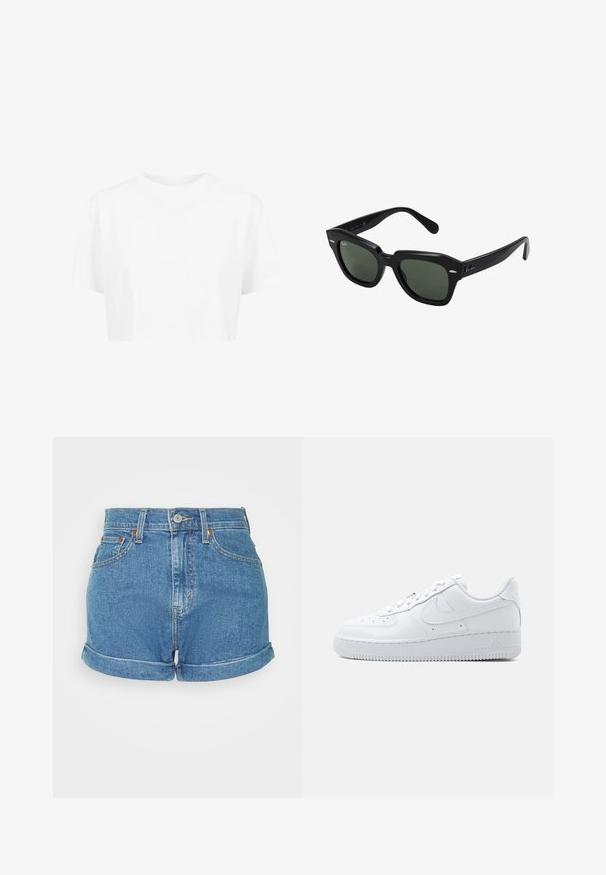 Hvid cropped t-shirt, korte ærmer, rund halsudskæring, lavet af blødt stof, uden synlige mønstre eller distinkt hardware.; Højtaljede denimshorts i lyseblå, med rullekant, fem-lommers design og metalknaplukning med kontrastsyninger.; Hvid Nike Air Force 1 sneaker med lavt snit, snørelukning, perforeret tåboks og karakteristisk Swoosh-logo på siden.; Sorte firkantede solbriller med mørkegrønne linser, der har kraftige stel og sølvdetaljer på siderne. Fremstillet i Italien.