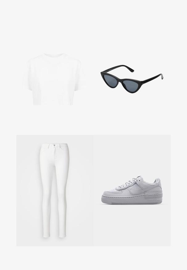 Hvid cropped t-shirt, korte ærmer, rund halsudskæring, lavet af blødt stof, uden synlige mønstre eller distinkt hardware.; Hvide skinny jeans lavet af strækbart bomuldsblandingsstof, der har forlommer, lynlås og en enkelt knaplukning.; Grå Nike Air Force 1 sneakers med perforeret tå, glat læderoverdel, tyk sål og præget 'AIR' detalje på hælen.; Sorte katteøje solbriller med mørkegrå linser, slankt plastisk stel, spidse hjørner og lige stænger. Ingen synlig hardware eller dekorationer.