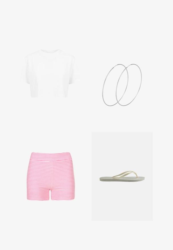 Witte cropped t-shirt, korte mouwen, ronde halslijn, gemaakt van gladde stof, zonder zichtbare patronen of opvallende hardware.; Roze en witte gestreepte shorts van zachte stof. Heeft een getailleerd ontwerp en een soepele tailleband zonder aanvullende details of hardware.; Enkele ecru rubberen teenslipper met dunne bandjes en een gestructureerd voetbed, zijaanzicht op een effen achtergrond.; Zilveren hoepel oorbellen met een minimalistisch ontwerp. Cirkelvormig, gladde textuur en dun profiel. Lichtgewicht met een gepolijste afwerking.