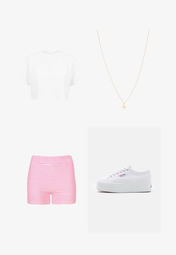 Hvid cropped t-shirt, korte ærmer, rund halsudskæring, lavet af blødt stof, uden synlige mønstre eller distinkt hardware.; Lyserøde og hvide stribede shorts lavet af blødt stof. Har et tætsiddende design og en glat talje med ingen ekstra detaljer eller hardware.; Hvide canvas sneakers med en tyk hvid platformssål, rund tå og metaløjelets til snørebånd. Mærkets logo præsenteret på siden.; Guldkæde med et vedhæng i lille bogstav "m", med et fint, delikat led-design og poleret finish.