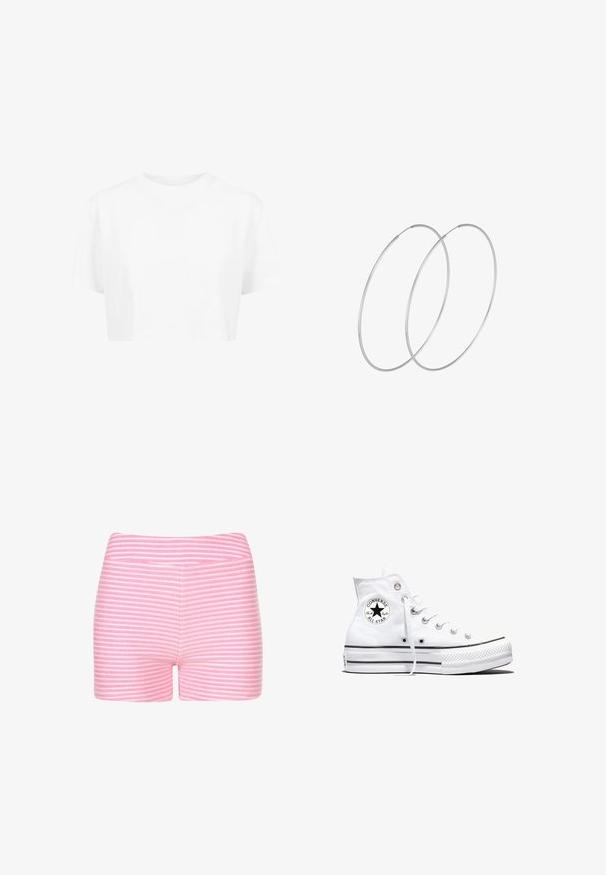 Hvid cropped t-shirt, korte ærmer, rund halsudskæring, lavet af blødt stof, uden synlige mønstre eller distinkt hardware.; Lyserøde og hvide stribede shorts lavet af blødt stof. Har et tætsiddende design og en glat talje med ingen ekstra detaljer eller hardware.; Hvid højtop Converse Chuck Taylor All Star-sneaker med sort logo-patch og hvide snørebånd, vist på hvid baggrund.; Sølvøreringe med et minimalistisk design. Cirkulær form, glat tekstur og tynd profil. Letvægtige med en poleret overflade.